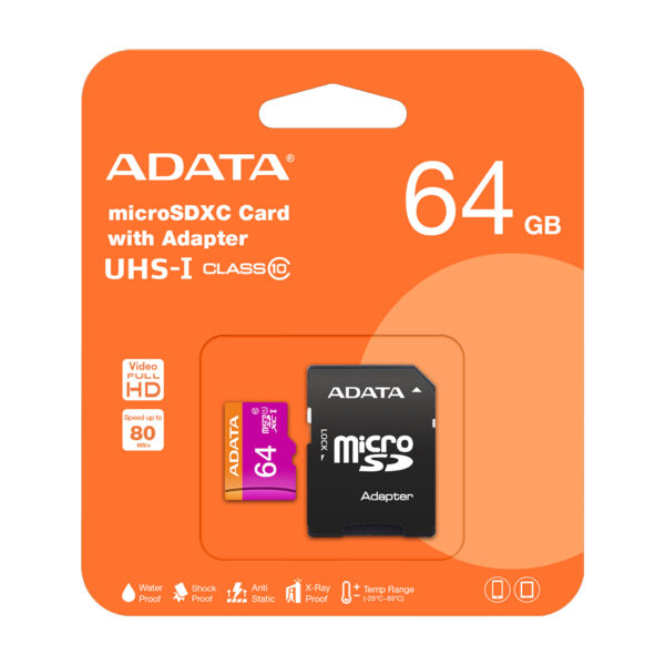 کارت حافظه‌ microSDXC ای دیتا مدل Premier کلاس 10 استاندارد UHS-I U1 سرعت 80MBps ظرفیت 64 گیگابایت به همراه آداپتور SD