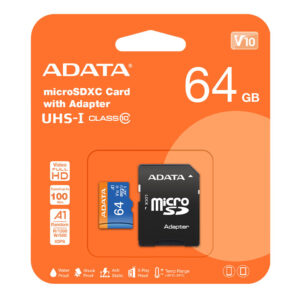 کارت حافظه microSDXC ای دیتا مدل Premier کلاس 10 استاندارد UHS-I V10 A1سرعت 100MBps ظرفیت 64 گیگابایت به همراه آداپتور